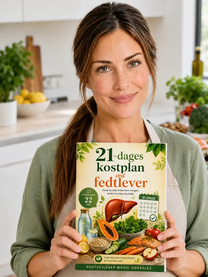 Kostvejleder María González med 21-dages kostplanen ved fedtlever i hånden